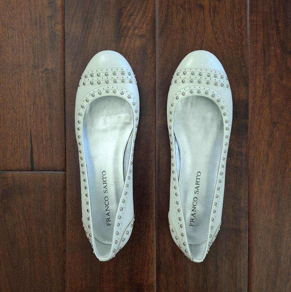FRANCO SARTO "Lyon" White Leather Studded Ballet Flats - Size 7.5